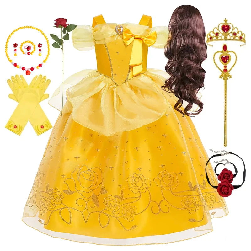 Disney Girls Cosplay Belle Princess Dress for Kids Beauty and The Beast Costumes Children Birthday Party with Flower Clothes