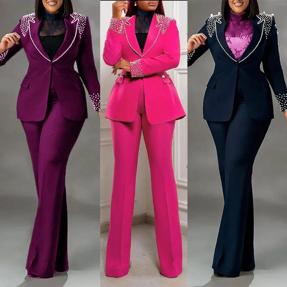 CM.YAYA Conjunto de dos piezas de chaqueta de manga larga y pantalón ancho para mujer, con empalme de perlas, para invierno y otoño de 2024
