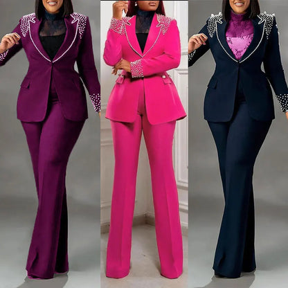 CM.YAYA Conjunto de dos piezas de chaqueta de manga larga y pantalón ancho para mujer, con empalme de perlas, para invierno y otoño de 2024