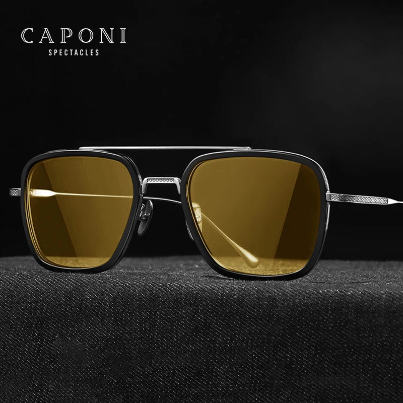 CAPONI Night Vision Sunglasses Photochromic UV400 Cut Brand Designer Eyewear Pure Titanium Acetate Sunglasses For Men BSYS6618