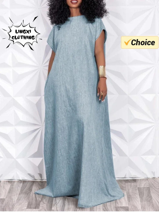 Vestido jeans vintage de grandes dimensões feminino, saia longa solta, manga morcego, decote em v, costas abertas, elegante, saia longa, tamanho grande, 2024