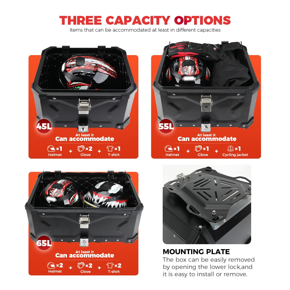 KEMIMOTO 45L/55L/65L Motorcycle Aluminum Case Tail Box Trunk with backrest Universal Top Tail Rear Luggage Tool Storage Box