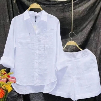 Conjunto informal de dos piezas de lino y algodón para mujer, moda de verano 2024, camisa de manga larga blanca y pantalones cortos, chándal de dos piezas
