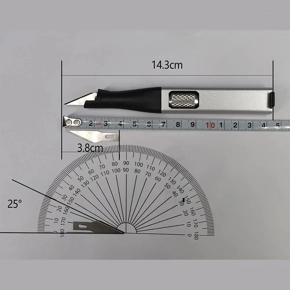 Cuchillo para trinchar con mango de aluminio en forma de bolígrafo, incluye 5 hojas con diseño de herradura que puedes reemplazar tú mismo.