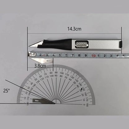 Cuchillo para trinchar con mango de aluminio en forma de bolígrafo, incluye 5 hojas con diseño de herradura que puedes reemplazar tú mismo.