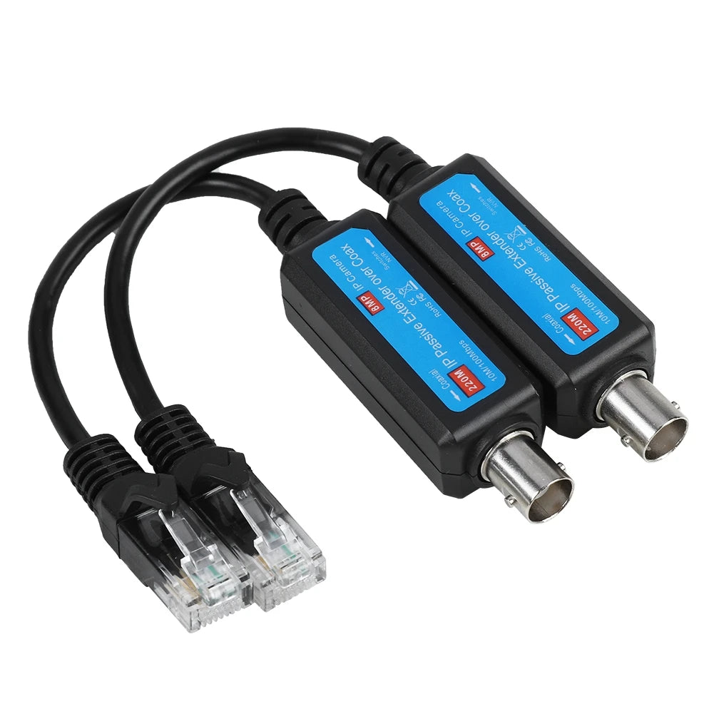 1 par de extensores de transmisor y receptor coaxial de red IP pasiva de 1 canal y 10/100 Mbps para cámaras NVR IP.