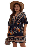 Vestido feminino solto com decote em v estilo étnico, vestido de manga curta, estampado com flores, moda casual, primavera, verão, plus size