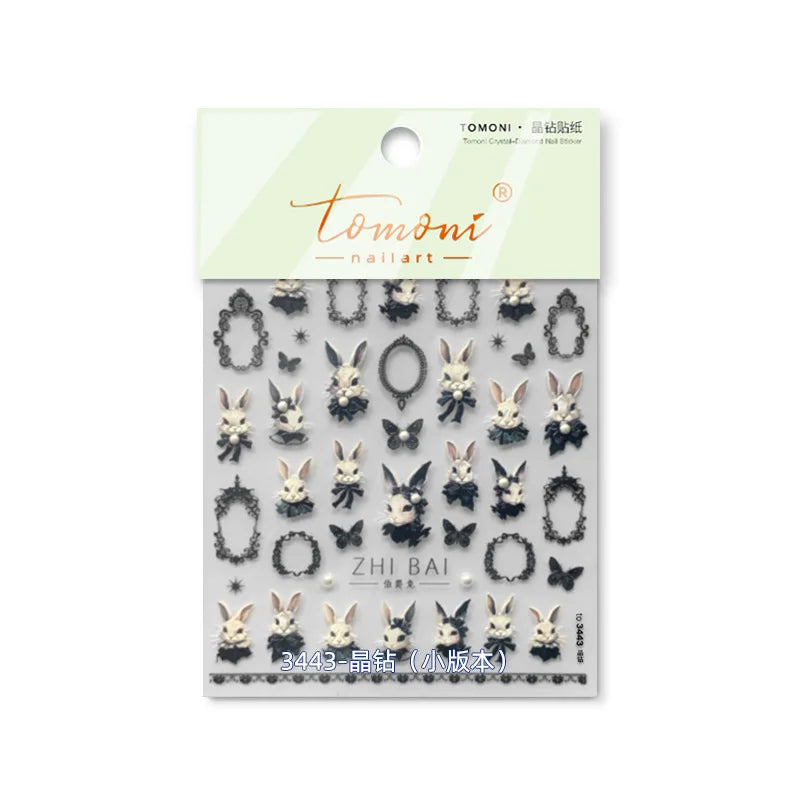 Japanese Punk Style Black Rabbit & Dark Butterfly Nail Stickers 5D Pearl Nail Art Decal Design Manicure Tool High Quality