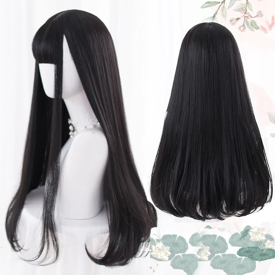 AS Long Straight Black Synthetic Wig For Women With Bangs Black Cosplay Lolita Wigs Heat Resistant Natural Hair