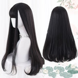 AS Long Straight Black Synthetic Wig For Women With Bangs Black Cosplay Lolita Wigs Heat Resistant Natural Hair