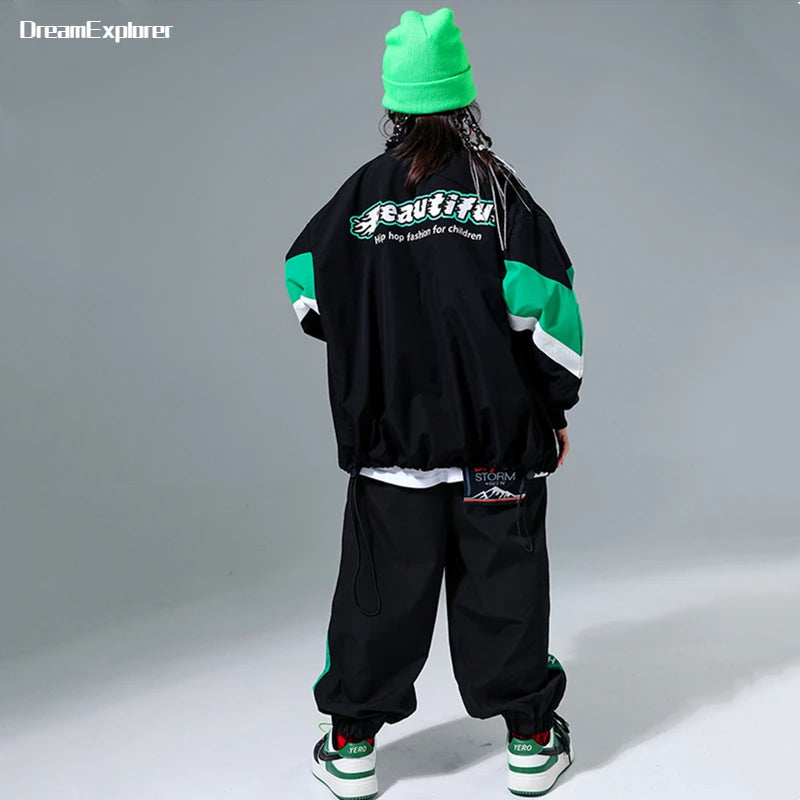 Hip Hop Girls Contrast Bomber Jacket Sport Pants Boys Street Dance Coat Streetwear Kids Jazz Clothes Set Children School Uniform
