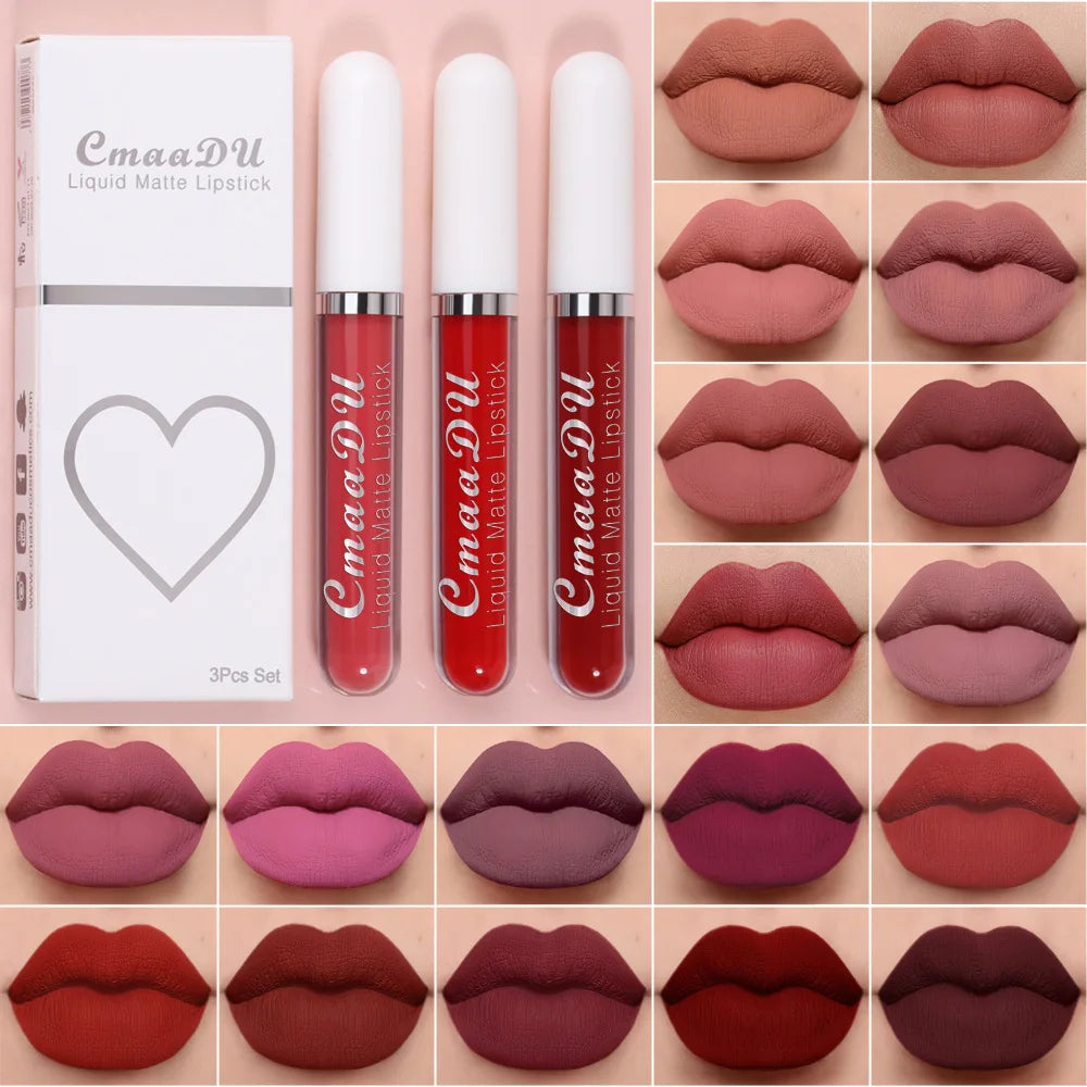 Juego de 3 brillos labiales de terciopelo mate, resistentes al agua, de larga duración, líquidos, cosméticos, maquillaje que dura 24 horas.