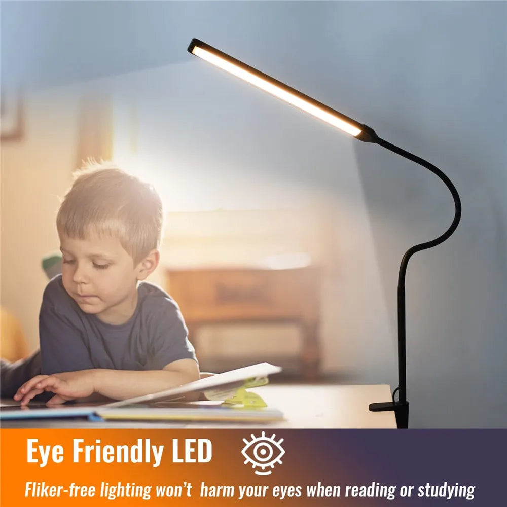 LED Desk lamp with Clamp Eye-Caring Clip Desk Lights for Home Office 3 Modes 10 Brightness Long Flexible Gooseneck Table Lamps