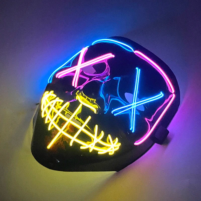 Artigos para Festa de Halloween 2026: Máscara LED Luminosa Estilo "Uma Noite de Crime" (Purge) com Luz Neon EL Sem Fio – Máscara de Rosto Inteiro para Cosplay Adulto (Brilha no Escuro)