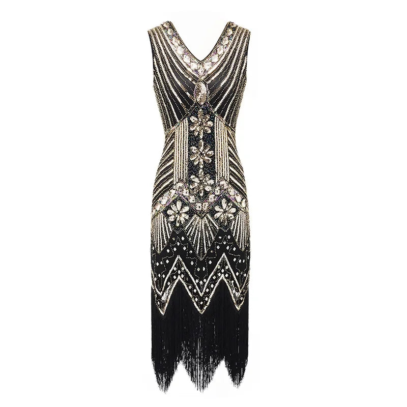 Mandylandy Women Vintage Dress Retro 1920s Great Gatsby Dress Sequin Flapper Sleeveless Dancing Party Prom Tassel Hem Dress