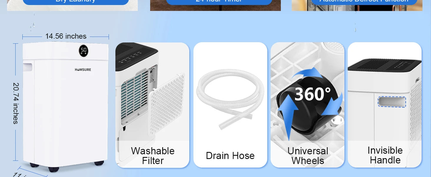 Dehumidifier 20 L, Dehumidifier Cellar Rooms with Digital Display, 24H Timer, Automatic Defrosting, Dry Clothes, Continuous Drai