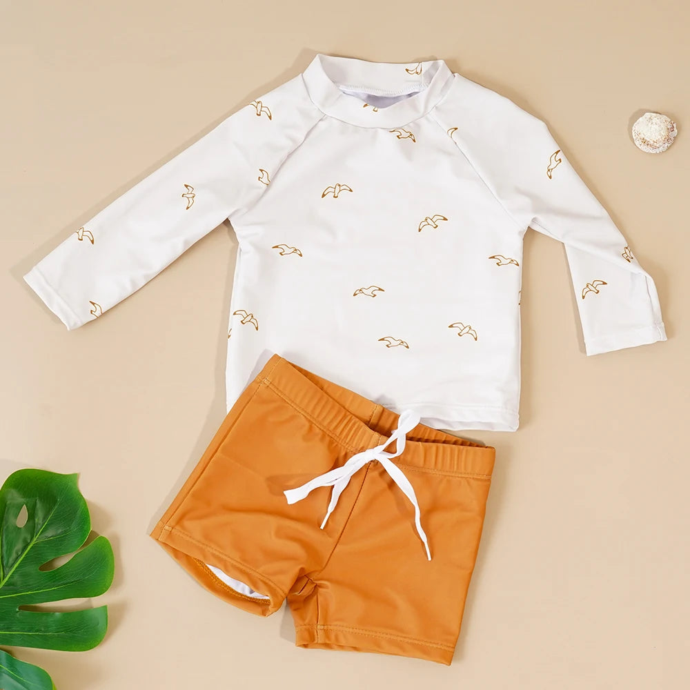 Summer Baby-Boys Toddler Long Sleeved Rashguard Swim Bathing Suit Set Long Sleeve Round Collar Sunscreen Swimsuit