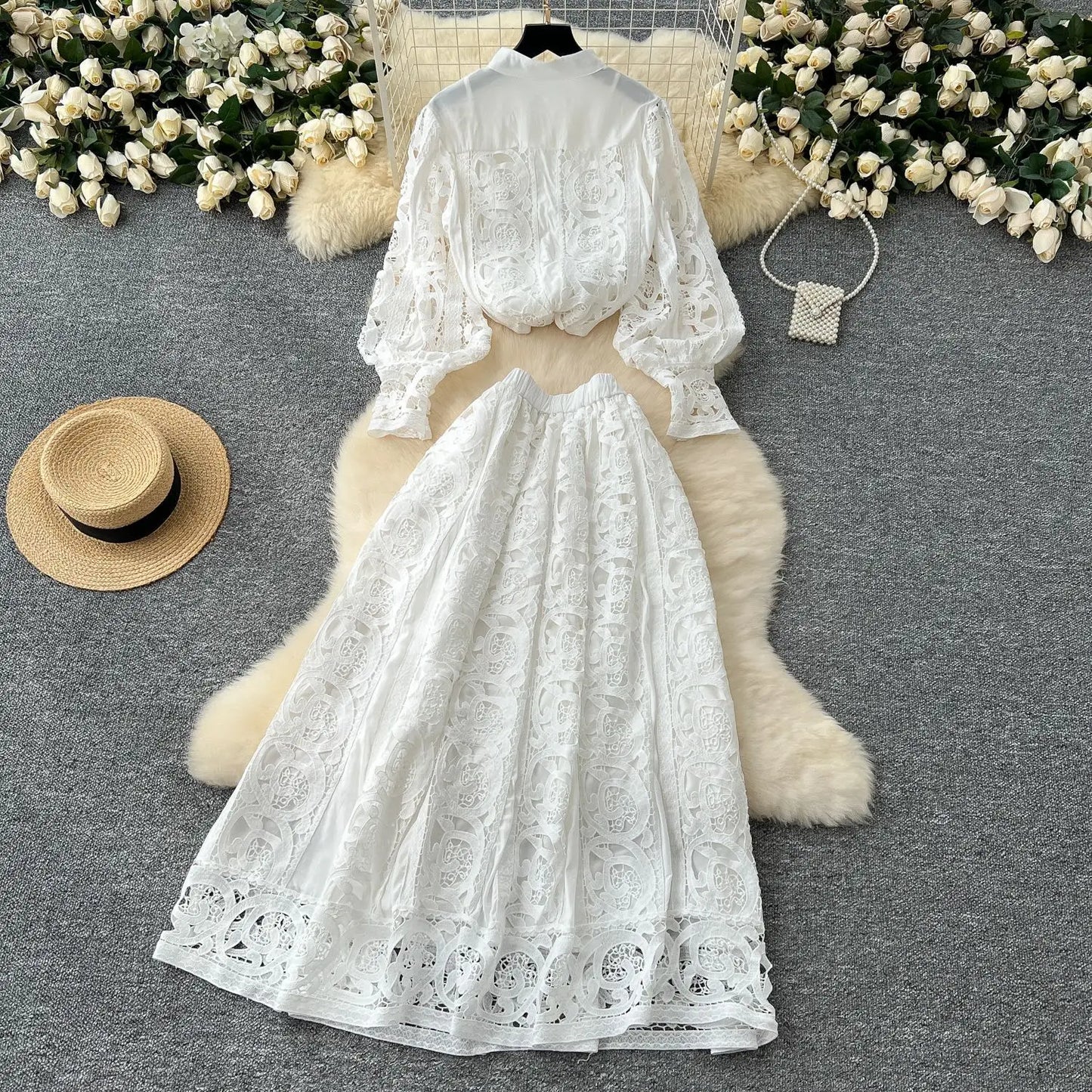 Autumn Crochet White Lace Embroidery 3 Pieces Sets Women Dress Suits Hollow Out Loose Shirt Top Elastic Waist Maxi Skirt Suit