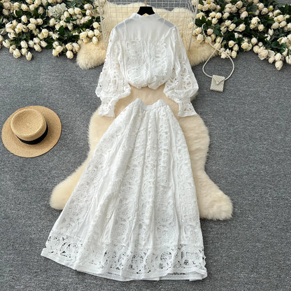 Autumn Crochet White Lace Embroidery 3 Pieces Sets Women Dress Suits Hollow Out Loose Shirt Top Elastic Waist Maxi Skirt Suit