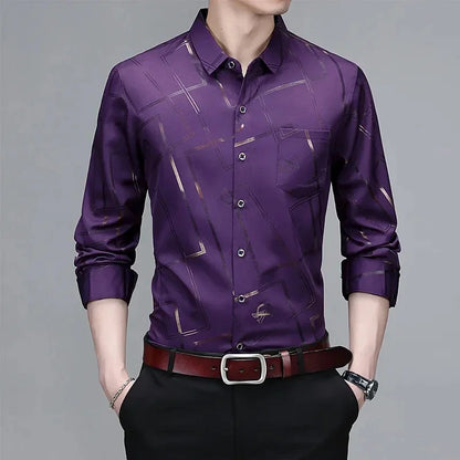 Camisa de manga larga estampada para hombre, informal y moderna, resistente a las arrugas y sin planchado.