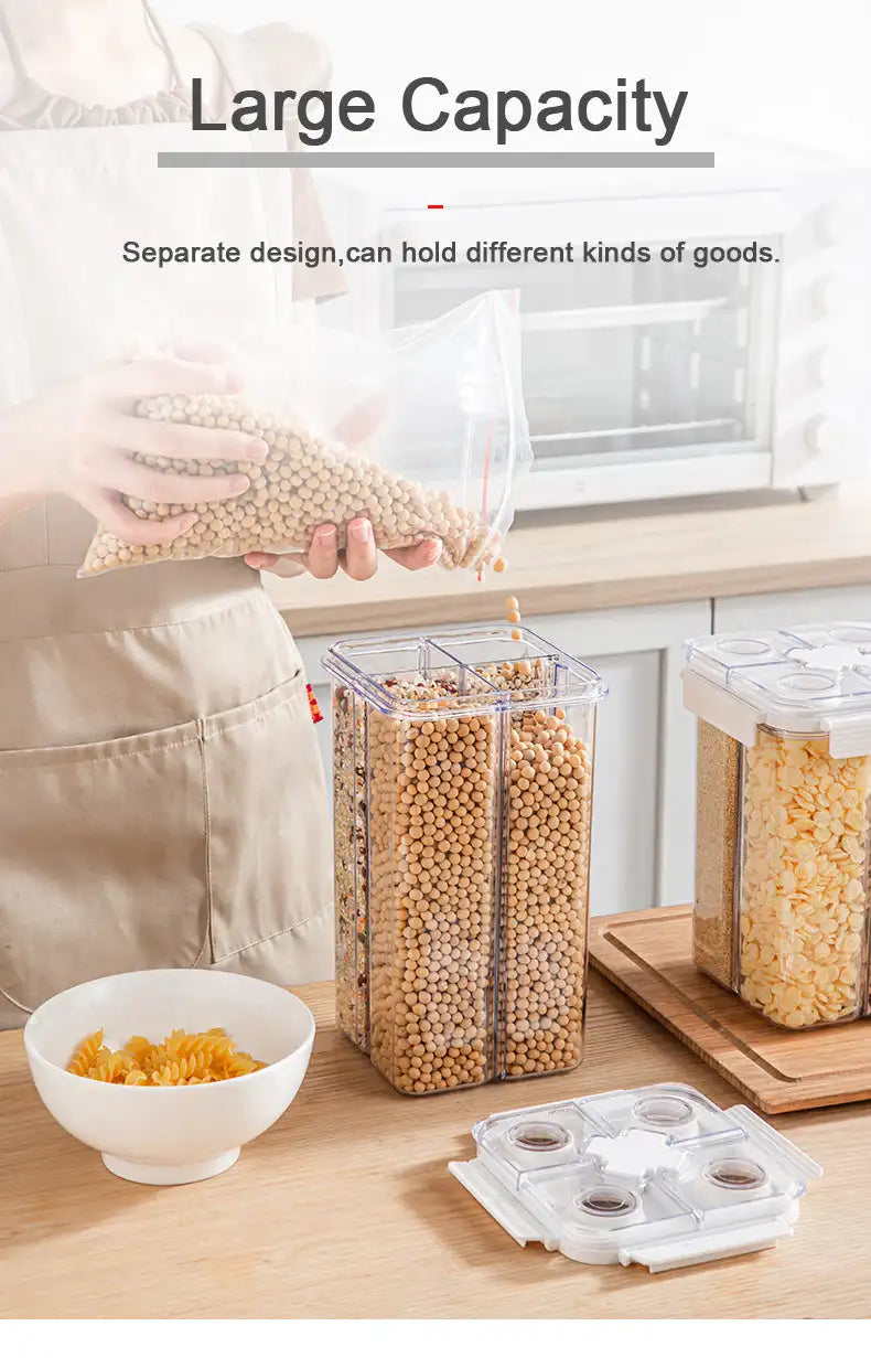 Dispensador de cereales de 3 l, contenedor sellado de cuatro compartimentos, resistente a la humedad, apilable, para refrigerios, café y granos, organizador de cocina.