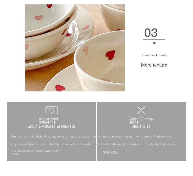 Heart-shaped Ceramic Dinnerware Set, Dinner Plate, Rice Salad Bowl, Coffee Mug, Japanese Love, Warm Gift for Valentine day