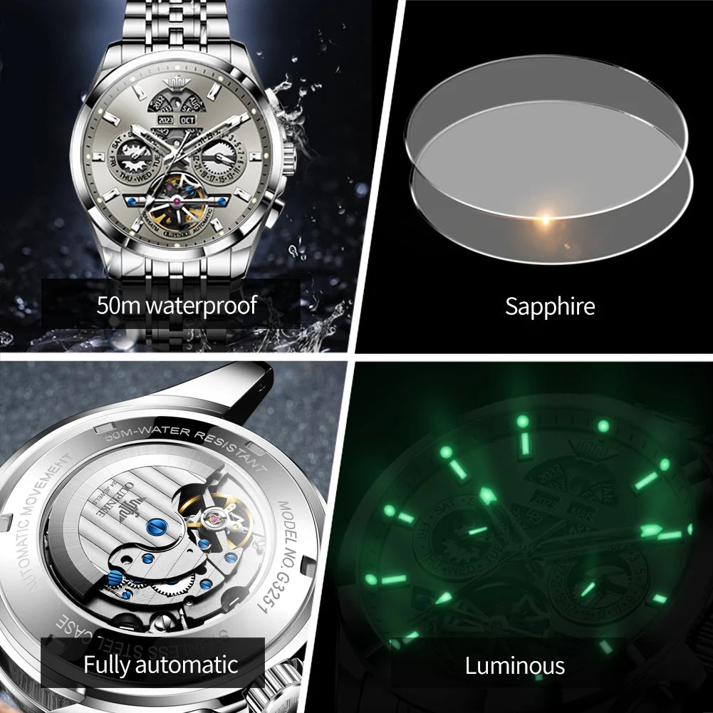 OUPINKE 3251 Skeleton Flywheel Automatic Watch for Men Stainless Steel Waterproof Wristwatch Luxury Sapphire Mirror Men's Watch