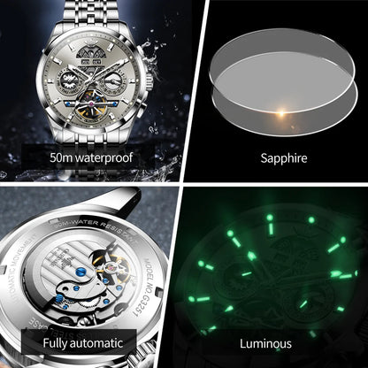 OUPINKE 3251 Skeleton Flywheel Automatic Watch for Men Stainless Steel Waterproof Wristwatch Luxury Sapphire Mirror Men's Watch
