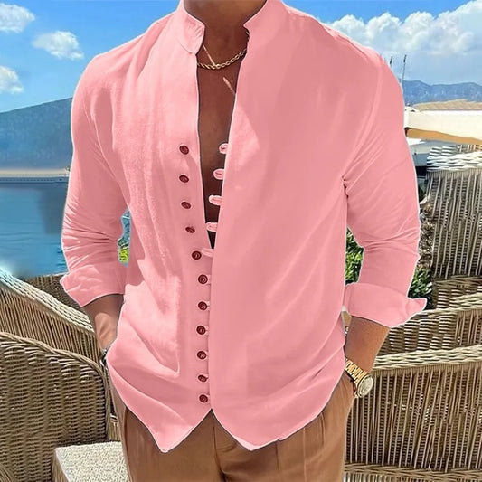 Camisa informal holgada de manga larga con botones para hombre, camisa vintage de color liso, talla grande, primavera y otoño 