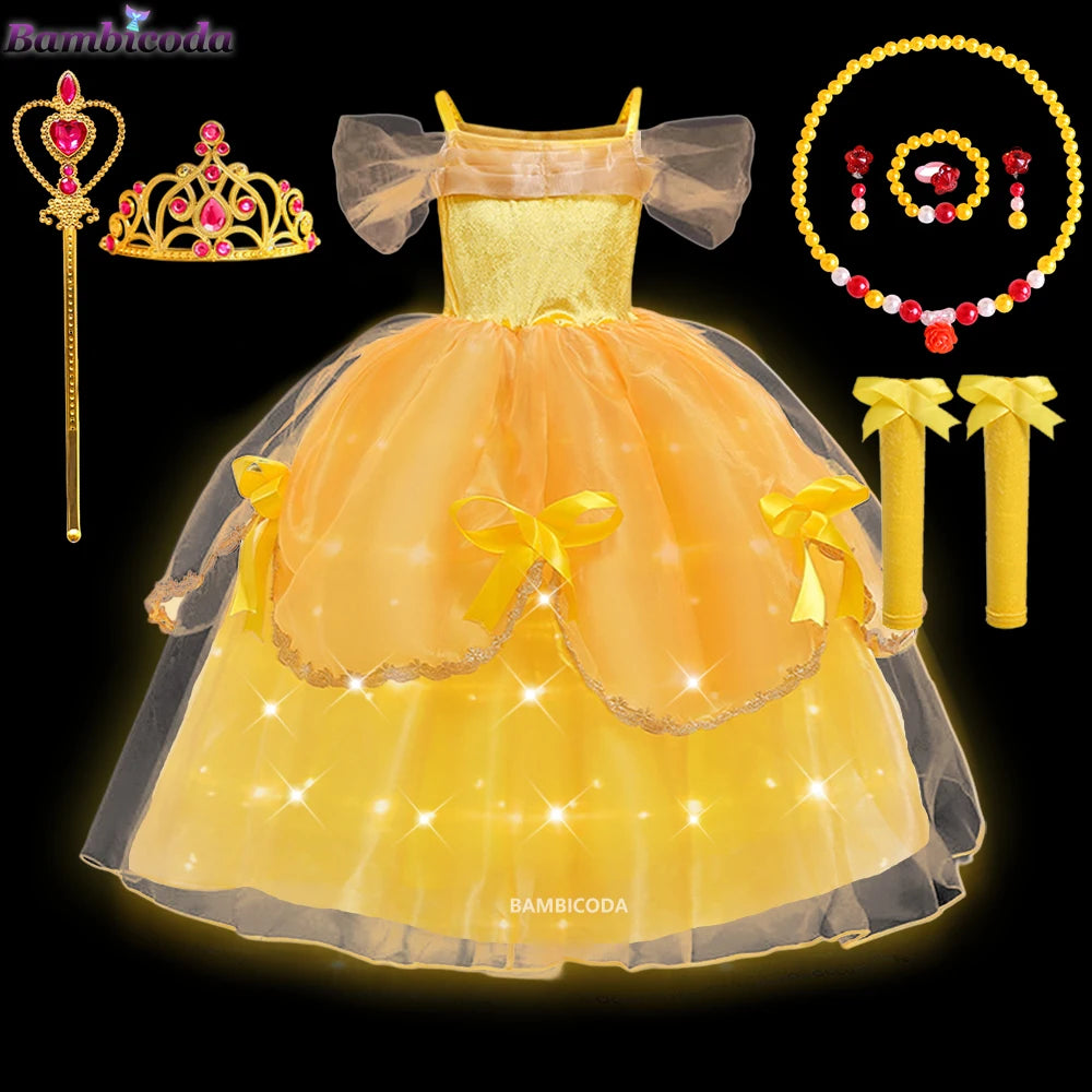 2025 Cosplay Belle Princess Dress Girls Dresses For Beauty and beast Party Clothing Magic stick crown Costume 3-12Y