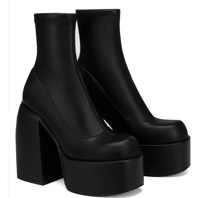 Botas femininas de plataforma de tubo médio, saltos grotescos, botas plus size, sapatos de manga, dedo do pé quadrado, monocromáticas, alta qualidade, inverno, 2024