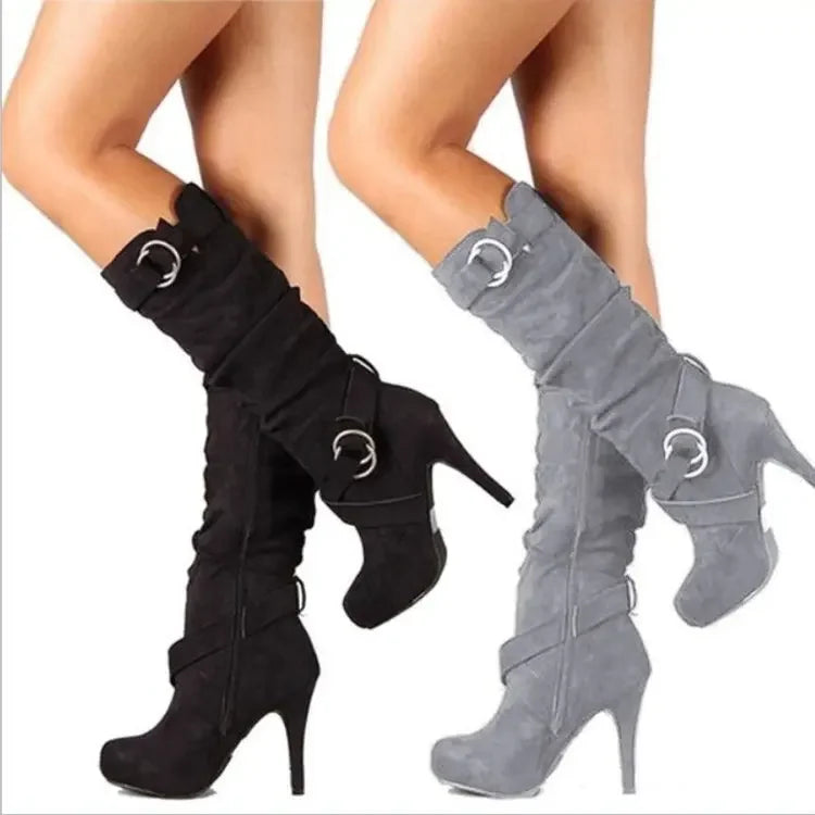 Botas sexis hasta la rodilla para mujer, tacón fino, punta redonda, plataforma, botas de piel sintética a la moda para mujer, talla 34-43