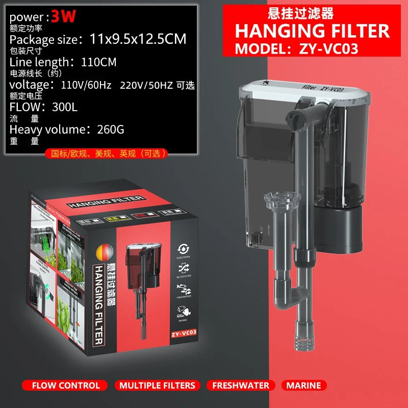 3/4/5/6W Wall Mounted Aquarium Filter Waterfall Filter for Small Fish Tank Filtering Equipment with Filter Media and Circulating