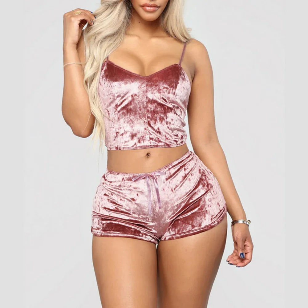 Women's Velvet Sleeveless V-neck Underwear Polyester Set Camisole+Shorts Pajamas Set Comfortable Home Clothes Top Pants