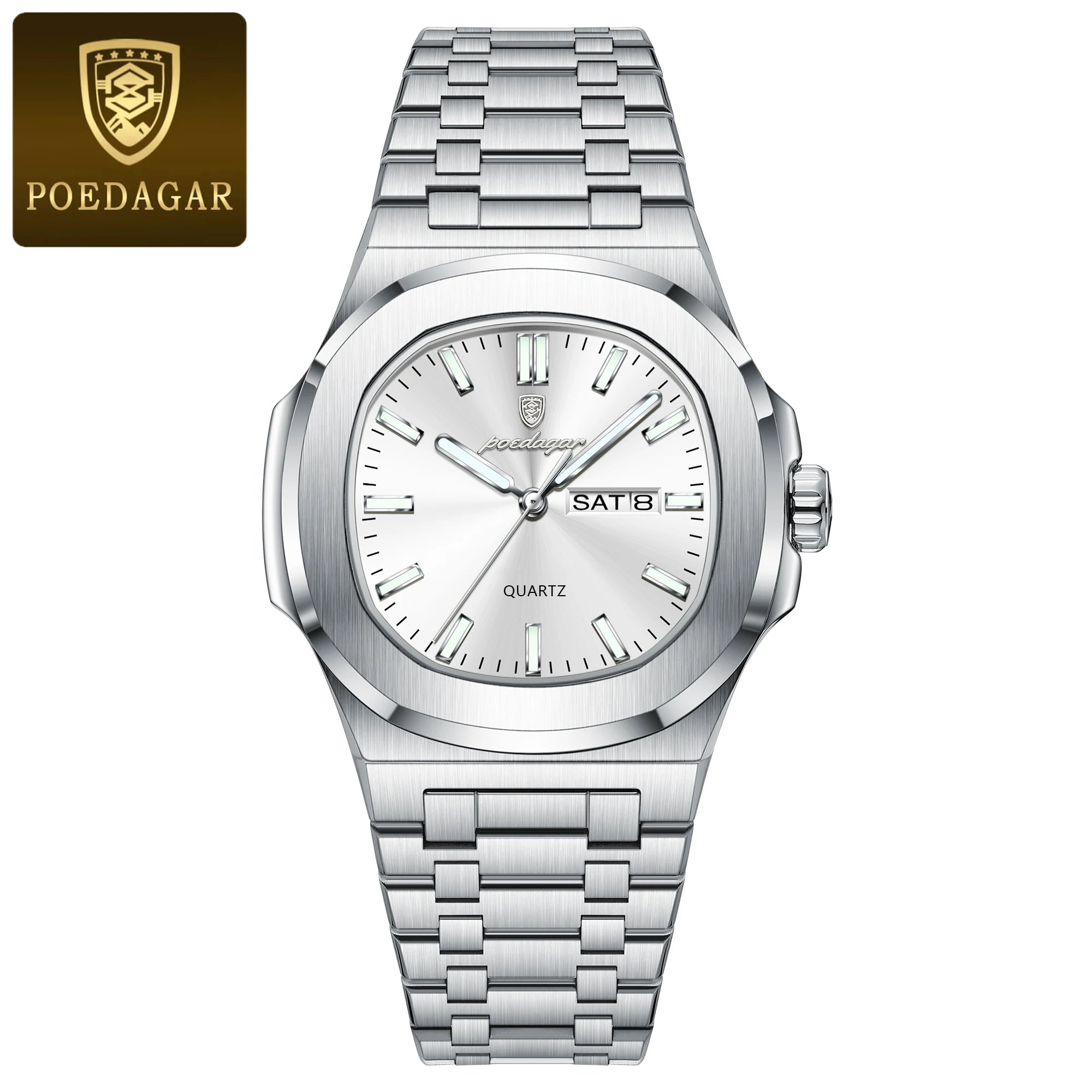 POEDAGAR Luxury Military Men's Watch Square Waterproof Luminous Date Week Men Watch Stainless Steel Quartz Men's Watches Reloj+box
