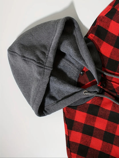 Youth Fashion Street Hooded Plaid Shirt Men's Slim Fit Long Sleeved Shirt Couple Travel Casual Shirt Men's Sports Shirt Jacket
