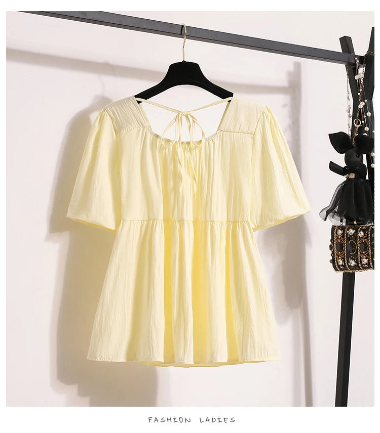 Plus Size Shirts & Blouses Women Summer 2025 New Arrival Korean Fashion Tops Short Puff Sleeve Loose Sweet Blouse Woman L-4XL
