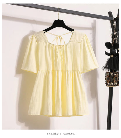 Plus Size Shirts & Blouses Women Summer 2025 New Arrival Korean Fashion Tops Short Puff Sleeve Loose Sweet Blouse Woman L-4XL