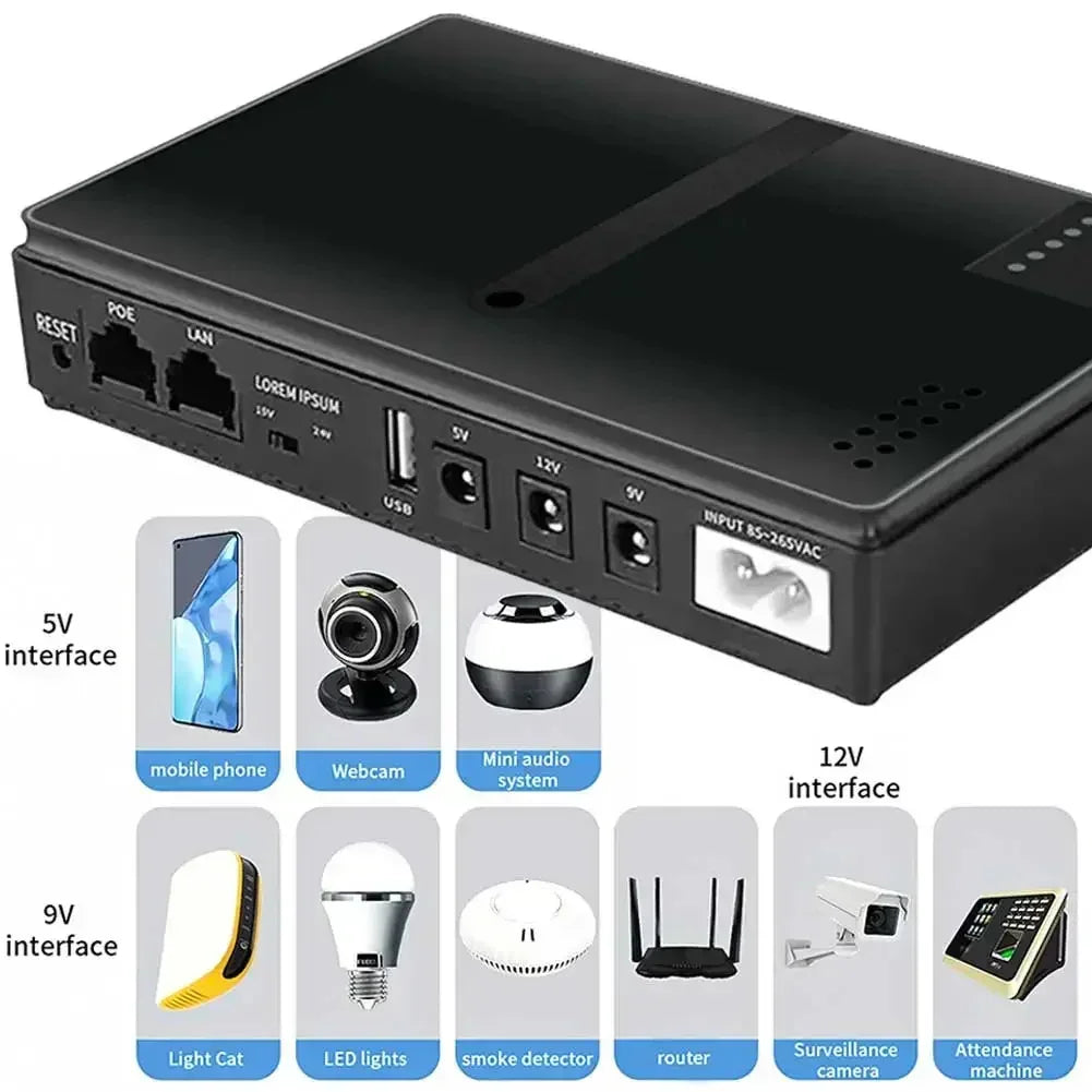 Enrutador CA 85-265 V CC 1018P, 5 V, 9 V, 12 V, monitor óptico Cat, respaldo ininterrumpido, fuente de alimentación CC de 8800/10400 mAh, cargador, teléfono celular, UPS