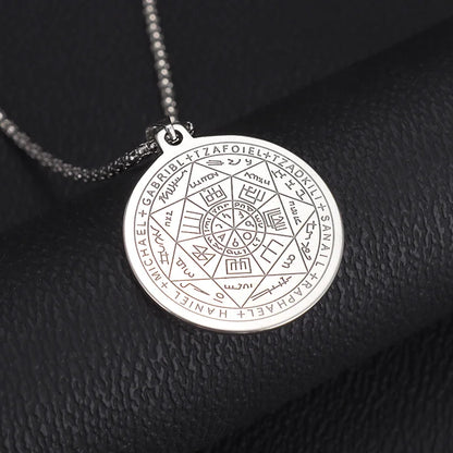 Stainless Steel Solomon Religious Seven Archangels Compass Pendant Necklace Men's Retro Lucky Amulet Jewelry