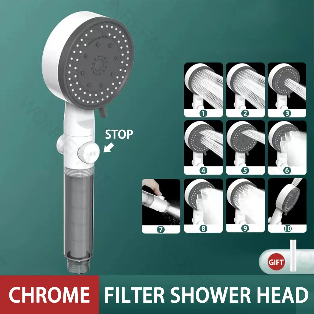 10 Mode Filter Shower Head Adjustable High Pressure Water Saving Shower One-click Water Stop Skin Care Shower Head Universal