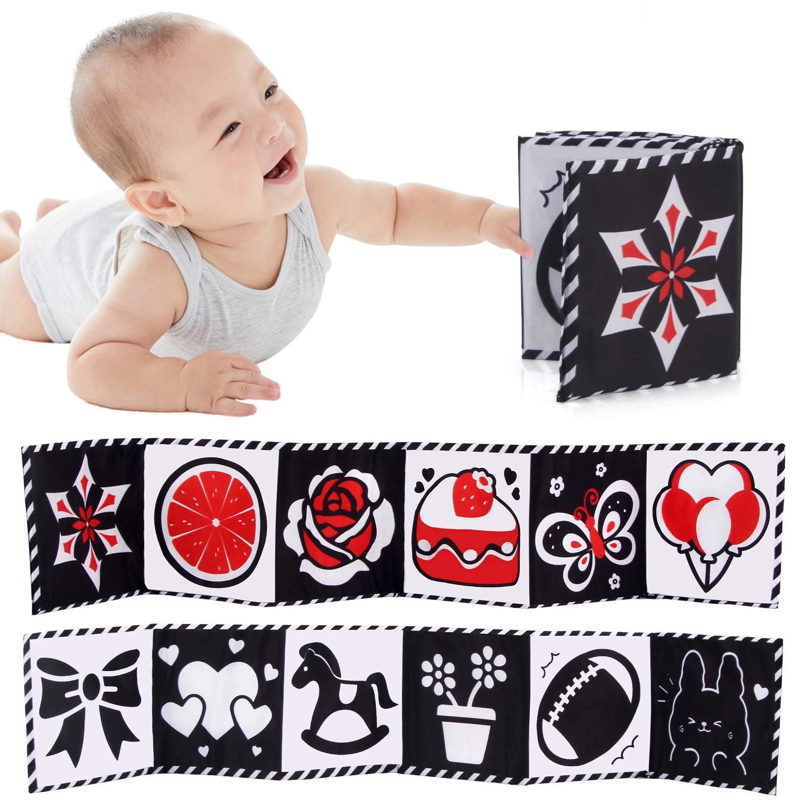 Livro de Pano de Alto Contraste para Bebês (0M+) – Brinquedos Sensoriais em Preto e Branco com Temática de Animais para Berço e Método Montessori