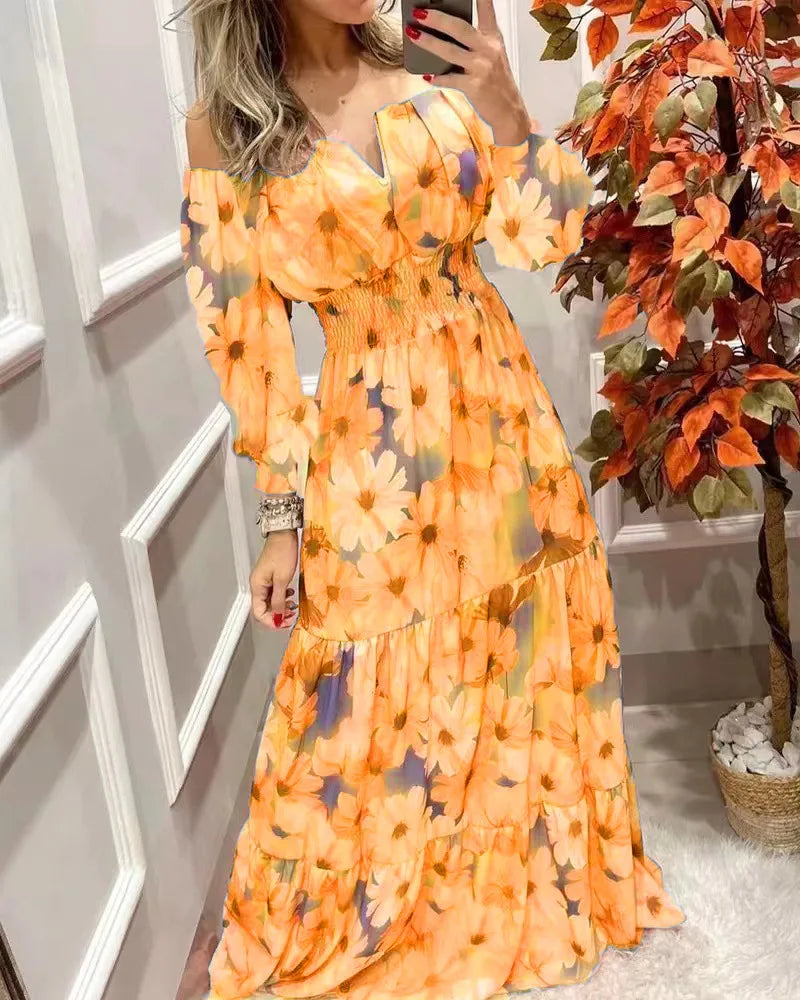 Women's Dresses 2022 Summer Vintage Print Off The Shoulder Casual V Neck Long Sleeved Waist Slim Maxi Dress