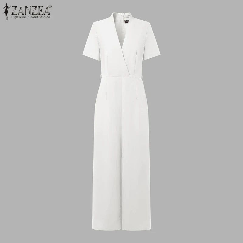 ZANZEA Street Fashion High Waist Jumpsuits Women Workwear Belt Rompers Solid Deep V Neck Elegant Office Lady Long Overalls
