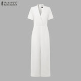 ZANZEA Street Fashion High Waist Jumpsuits Women Workwear Belt Rompers Solid Deep V Neck Elegant Office Lady Long Overalls