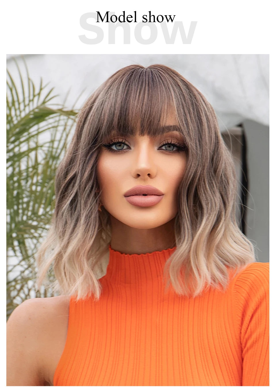 Women Grey Wavy Bob Wigs with Bangs Short Blonde Ombre Synthetic Wig with Dark Roots Natural Hair for Daily Use