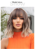Women Grey Wavy Bob Wigs with Bangs Short Blonde Ombre Synthetic Wig with Dark Roots Natural Hair for Daily Use