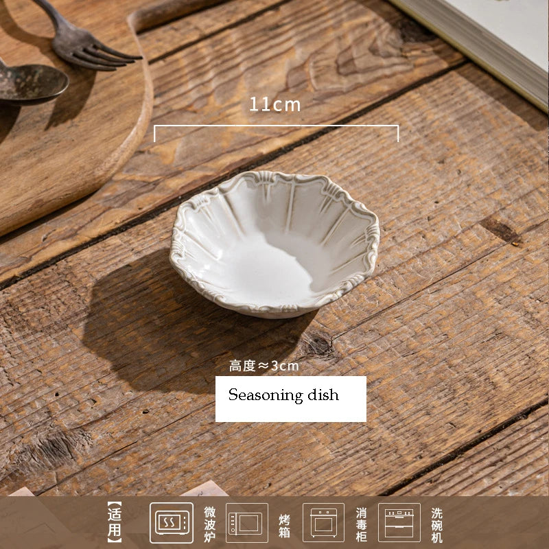 Elegant Classical Plate French Retro Ceramic Dishes Home Plate Rice Bowl Party Tableware Set White Lace Embossed Dinner Plate