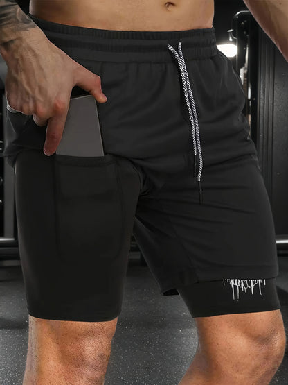 Men's 2-in-1 Fitness Training Sports Running Shorts Double Layer with Pocket Quick Dry Breathable Adjustable Drawstring Belt