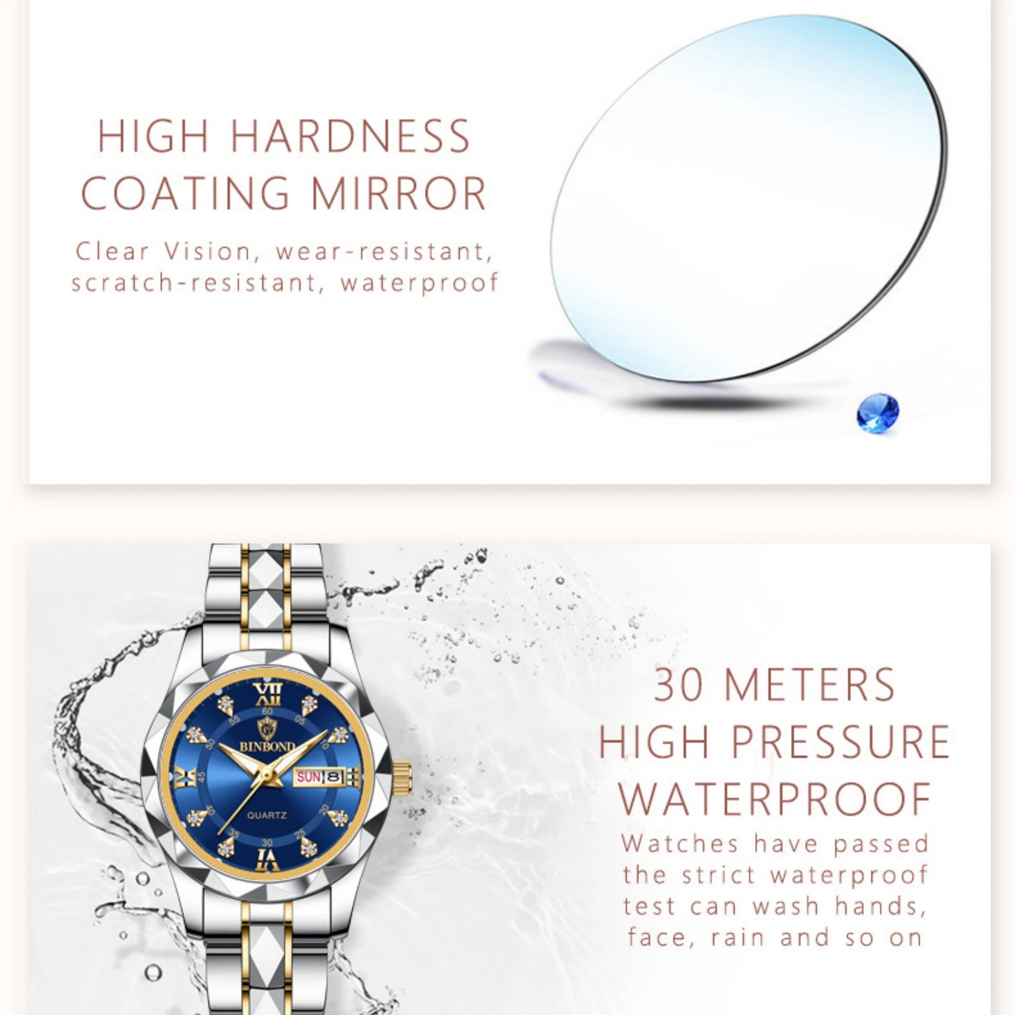 Relógios de casal para homens e mulheres, moda impermeável, presente do dia dos namorados, aço inoxidável, cristal, relógio de quartzo, 30m, 2 peças, 2521